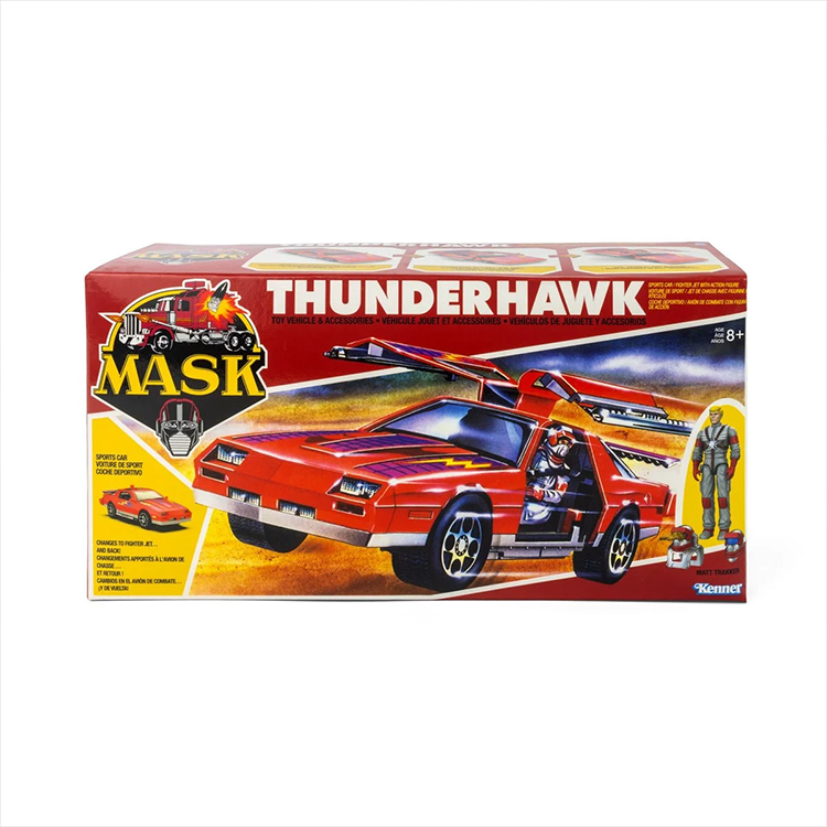 Loyal Subjects M.A.S.K. Thunderhawk playset in retro box showing car to jet transformation with Matt Trakker figure