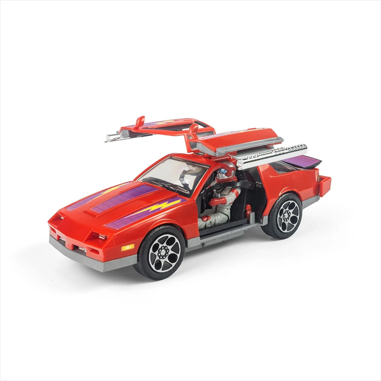 Red Thunderhawk sports car with gullwing doors open, detailed wheels, and a masked action figure inside by Loyal Subjects