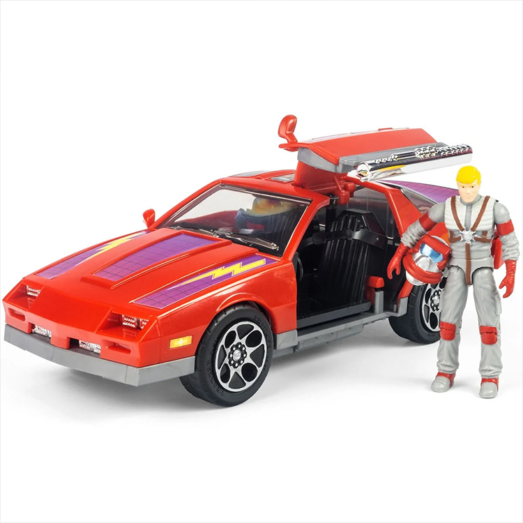 Loyal Subjects M.A.S.K. Thunderhawk red sports car with gull-wing doors open and Matt Trakker figure standing next to it