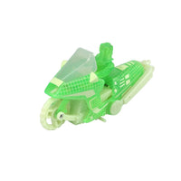 Translucent green futuristic toy vehicle with a raised cockpit and visible wheels