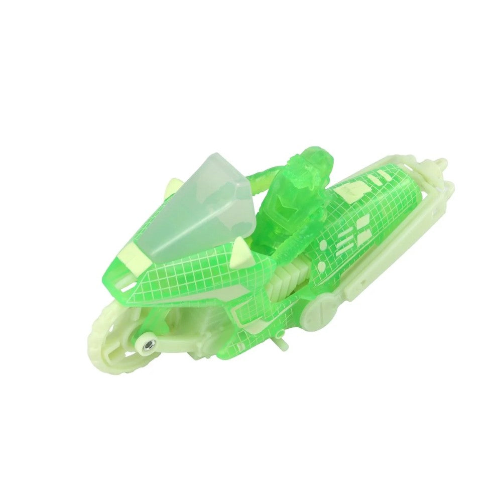 Translucent green plastic toy vehicle with a cockpit and grid-patterned details
