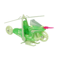 Translucent green toy helicopter with white rotor blades and a pink tail rotor