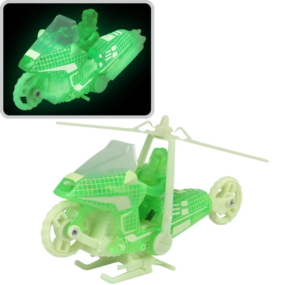 Translucent green futuristic helicopter toy with grid-patterned body and rotors