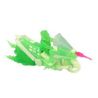 Translucent green futuristic toy vehicle with white details and pink rear fins on a white background