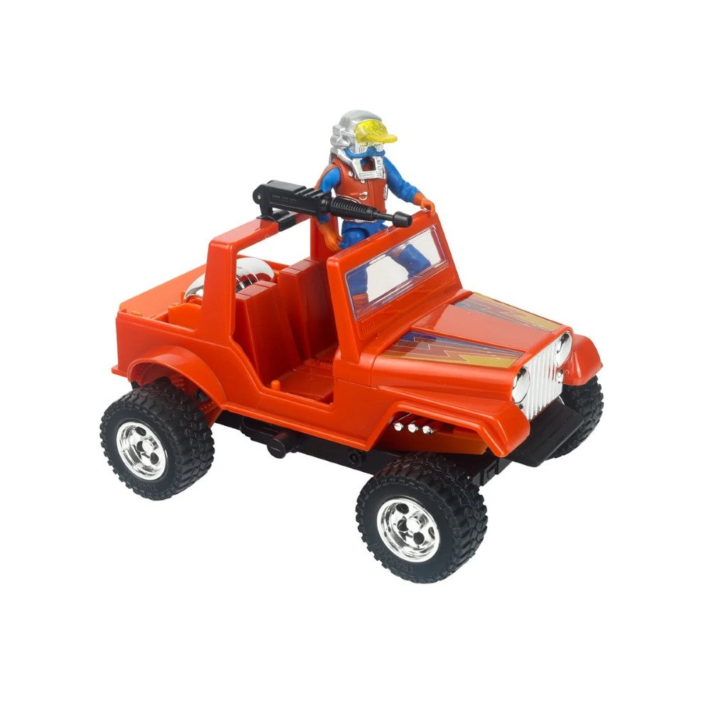 Red toy off-road jeep with a helmeted figure holding a black rifleһына