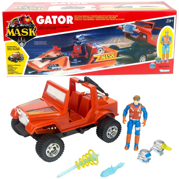 Vintage M A S K Gator red off road vehicle with action figure, packaging, and accessories