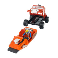 Red jeep and orange dragster toys with an astronaut figure