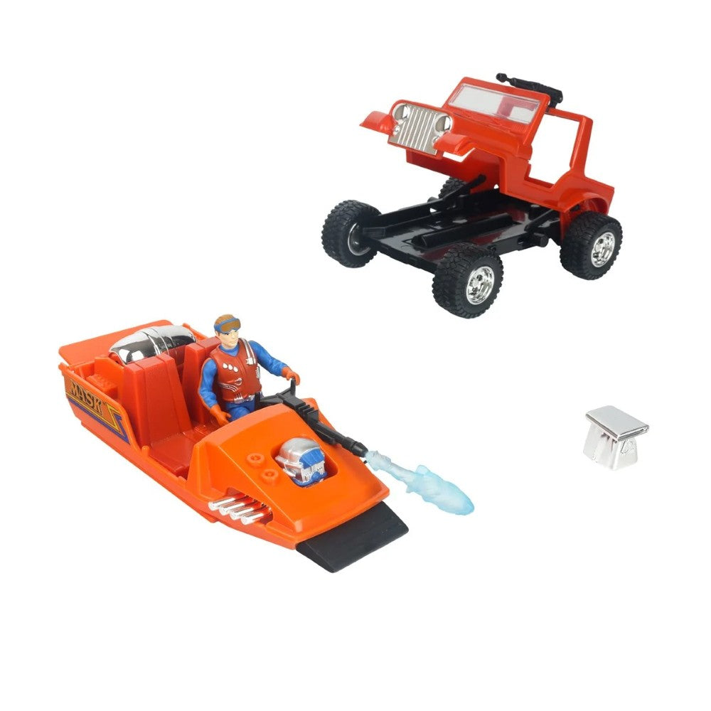 Red off-road toy jeep and orange amphibious vehicle with seated figure and small gray accessory