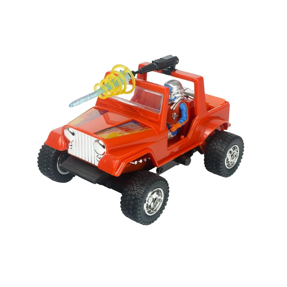 Red toy jeep with a seated action figure and mounted launcher