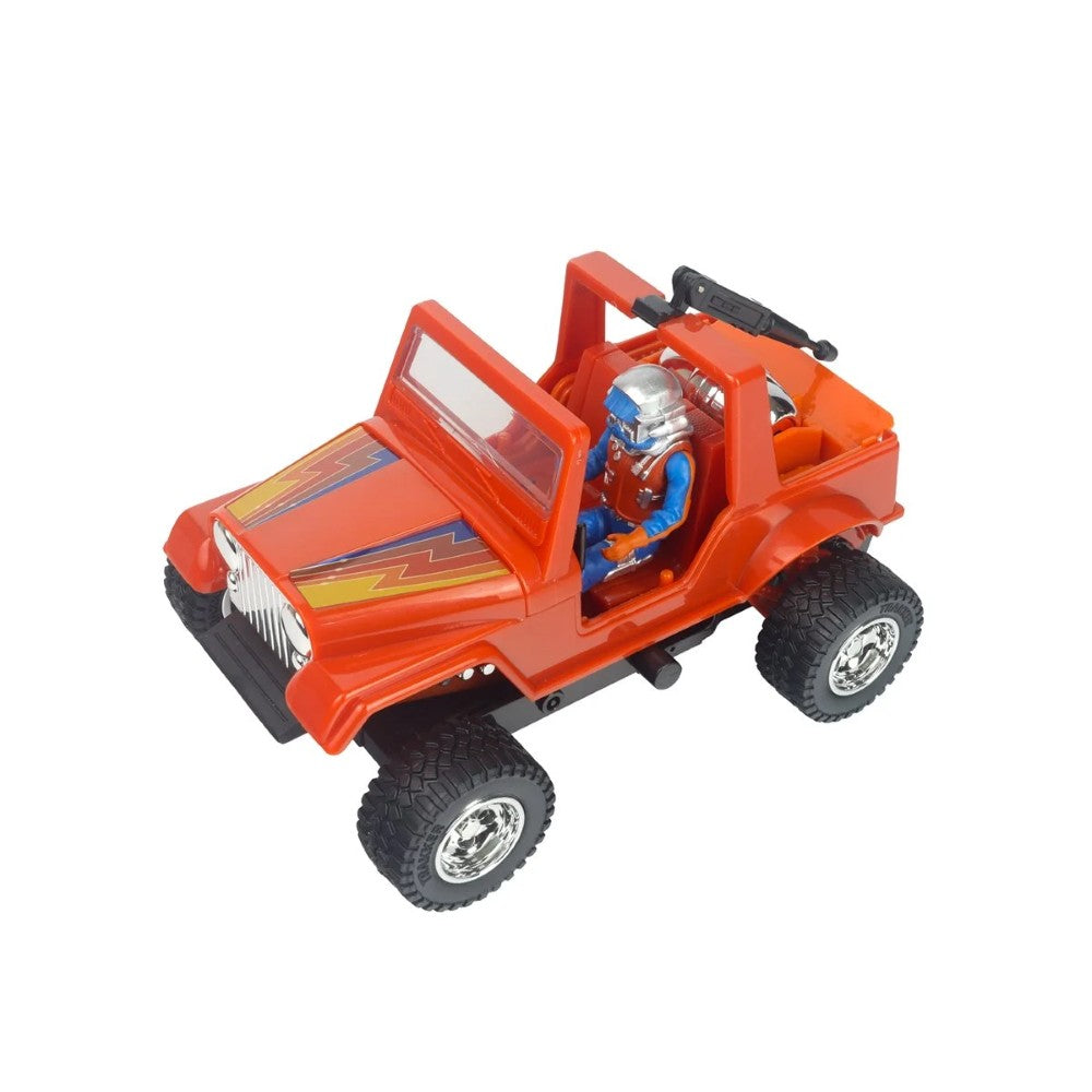 Red off-road toy jeep with a blue-clad helmeted action figure in the driver's seat