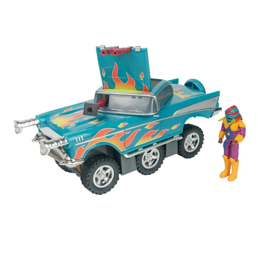 Teal six wheeled toy truck with flame decals and a colorful action figure beside it