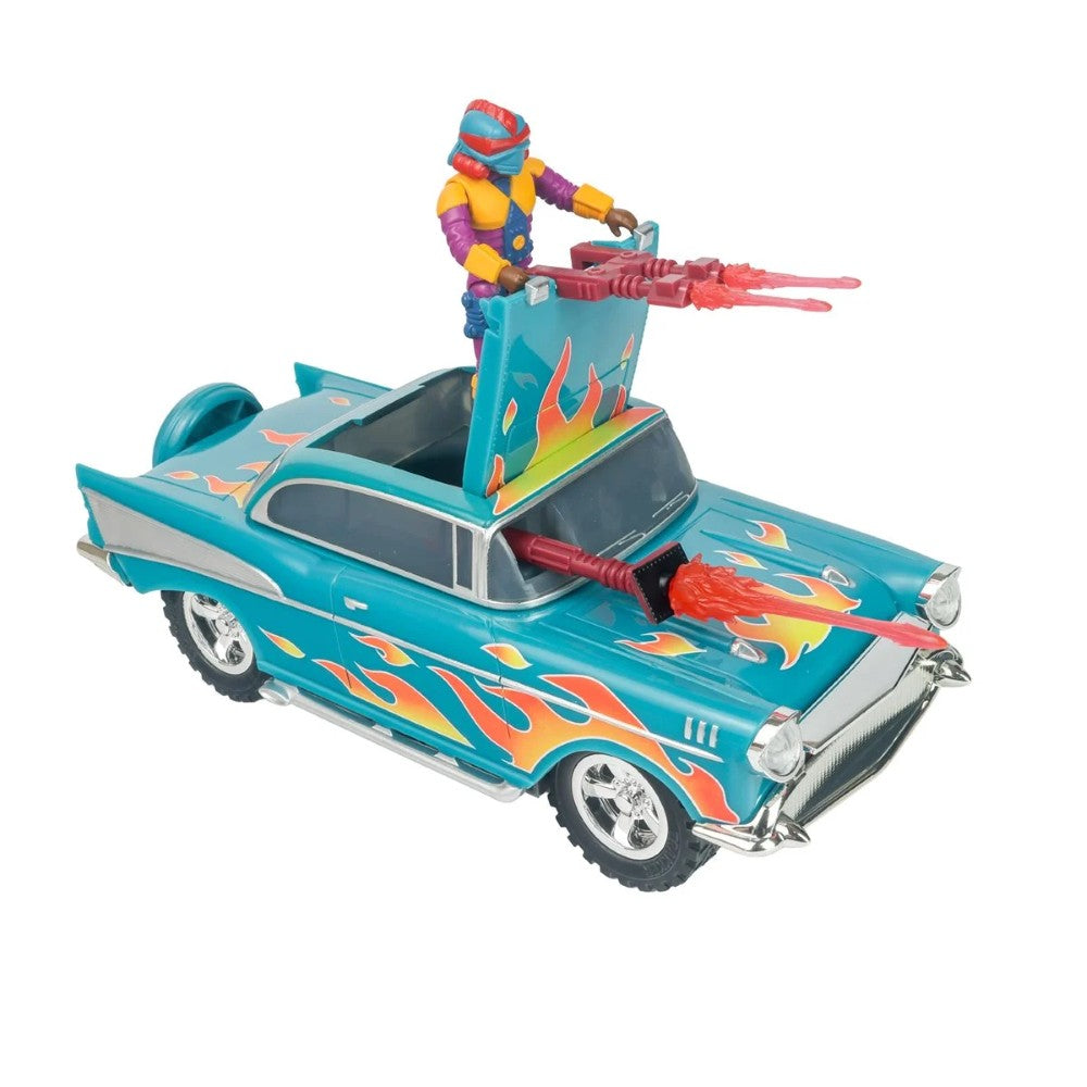 Teal toy car with orange flames, red blasters, and a colorful figure standing through the roof