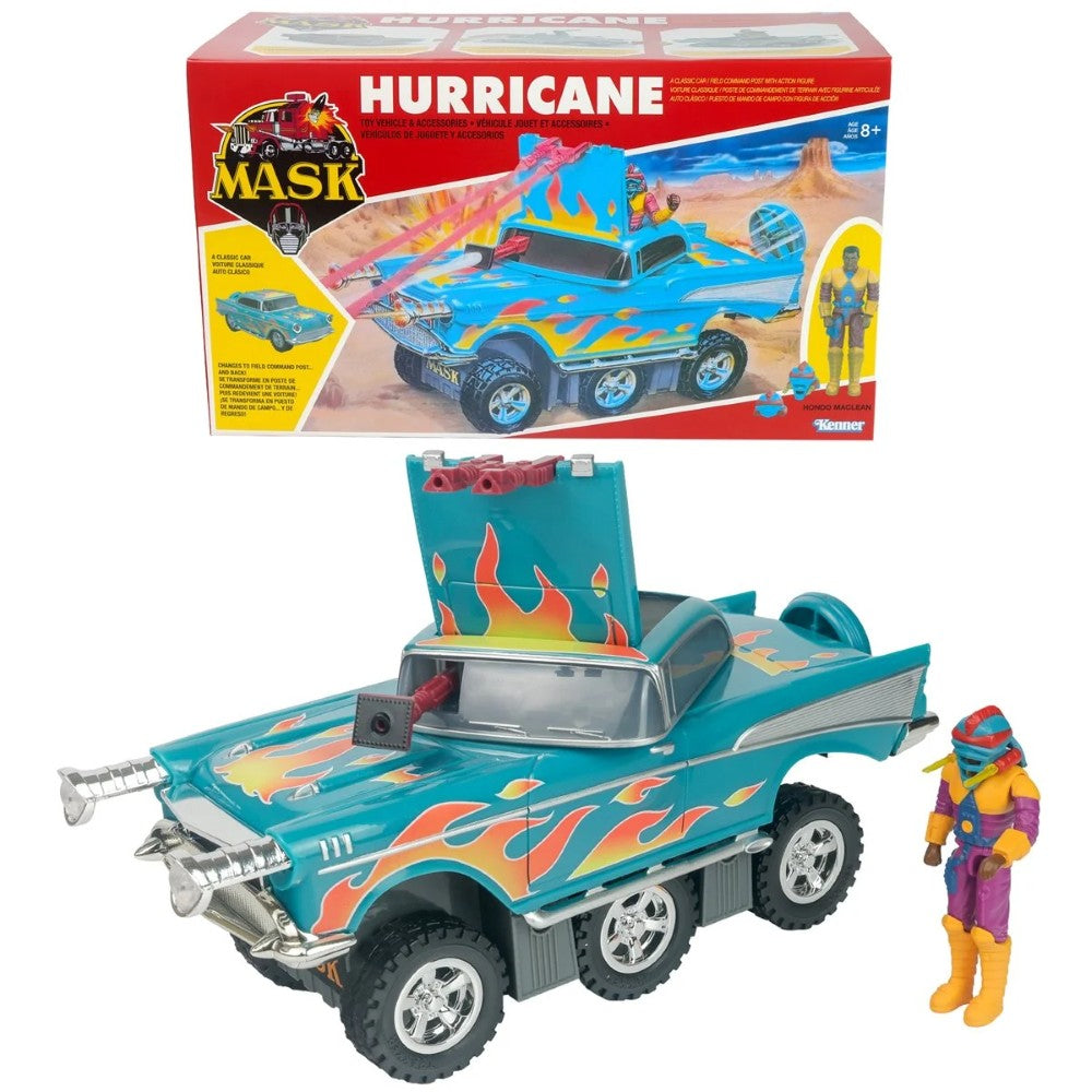 M A S K Hurricane toy vehicle with flame decals, box packaging, and colorful action figure