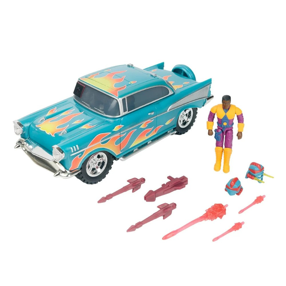 Turquoise vintage car with flame details, a colorful action figure, and assorted accessories