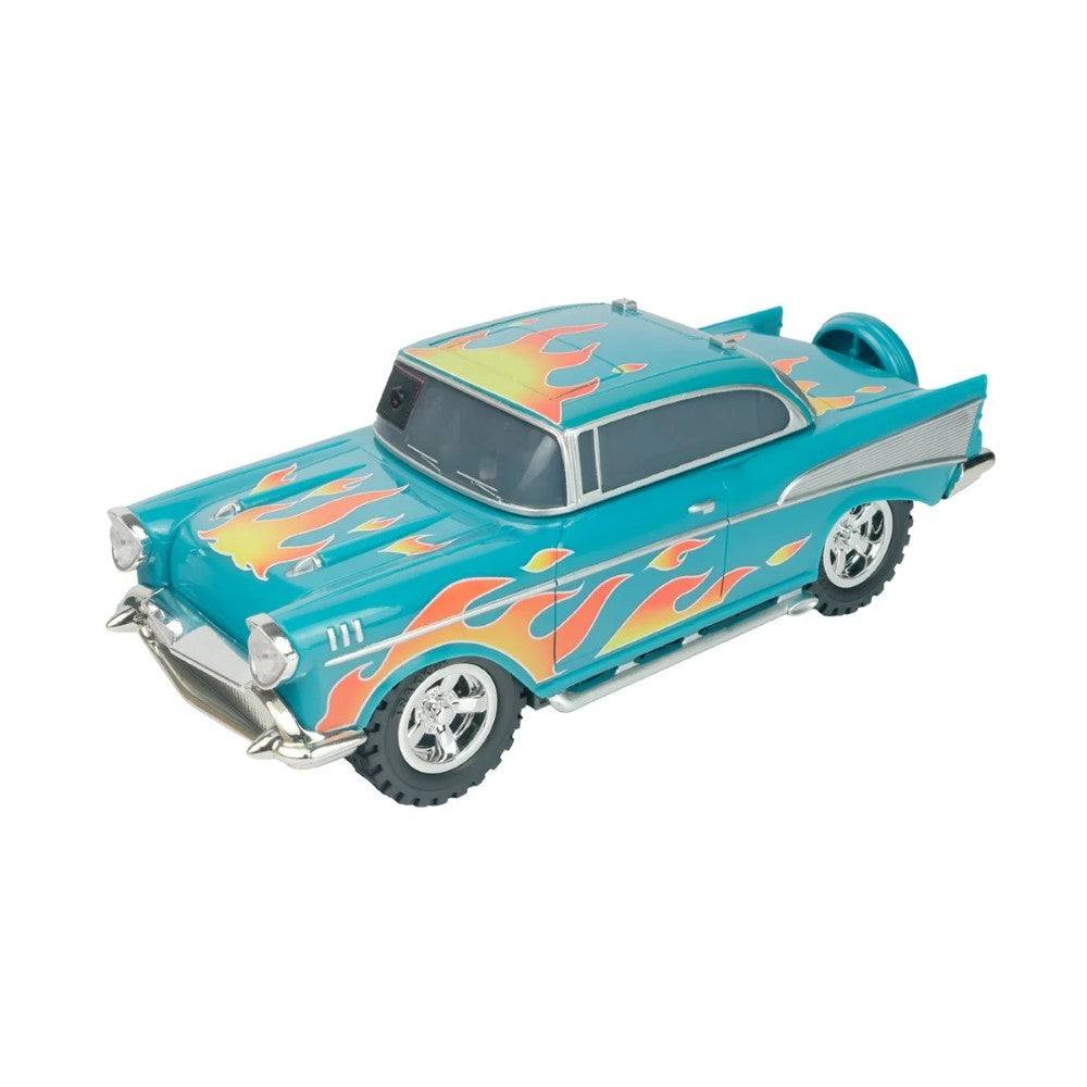Turquoise vintage style car with orange flame decals whitewall tires and chrome details
