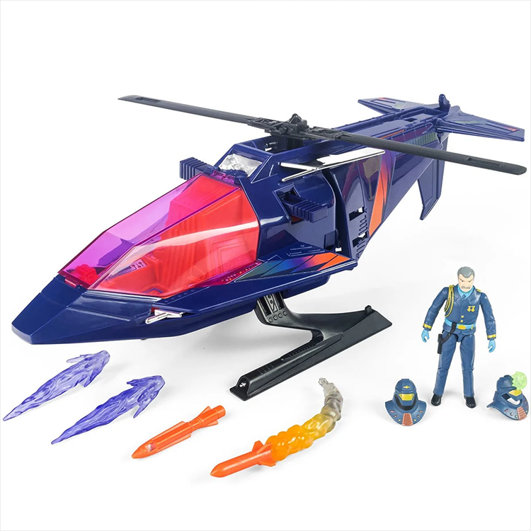 M.A.S.K. High Tech Helicopter by The Loyal Subjects with Miles Mayhem figure and weapon accessories in dual-mode vehicle form