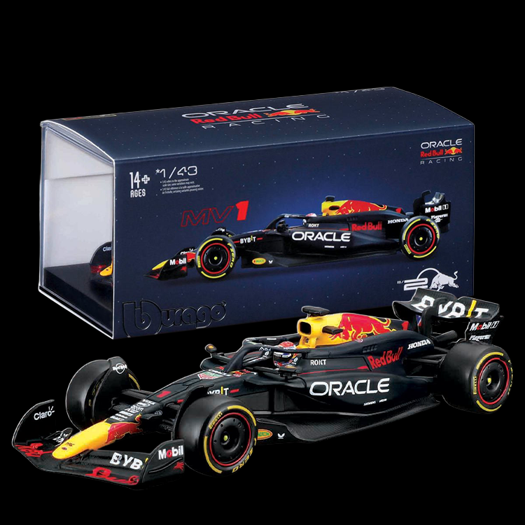Bburago 1:43 scale Oracle Red Bull Racing Formula 1 diecast car model with black and red design in display case