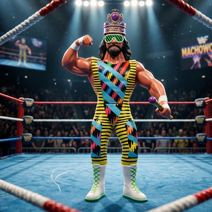 Macho King Randy Savage Major Big Rubber Guys 1:9 Scale 8-Inch Posed Wrestling Figure by Major in colorful outfit and crown
