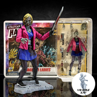 Action figure in pink jacket and blue skirt with packaging on a dark background