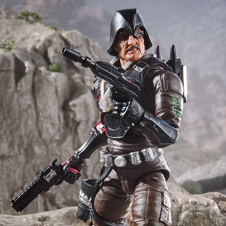 Major Bludd 6-inch action figure from Hasbro with detailed armor and weapons in a rugged rocky background