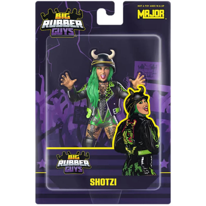 Shotzi Major Big Rubber Guys 1:9 Scale 8-Inch Posed Wrestling Figure by Major with green hair and horned helmet in packaging