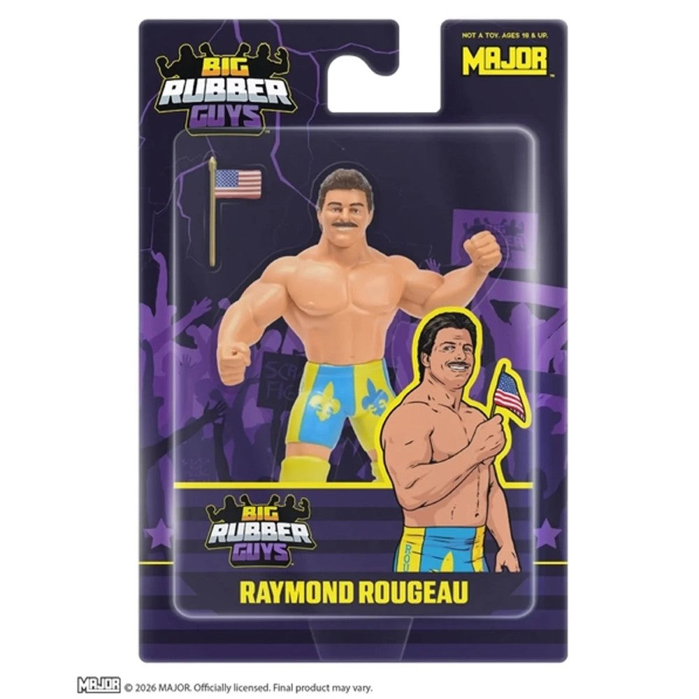 Raymond Rougeau Big Rubber Guys figure in purple packaging with an American flag accessory
