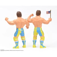 Two muscular action figures viewed from behind in blue and yellow outfits, with one holding an American flag
