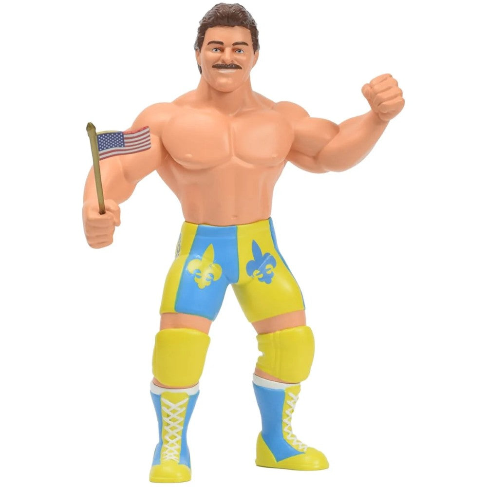 Mustached wrestler action figure holding an American flag in blue and yellow wrestling gear