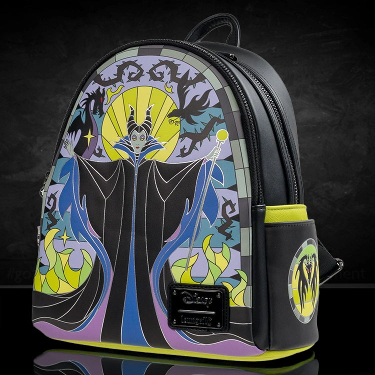 Loungefly Sleeping Beauty Maleficent mini-backpack in stained glass design with dragon, crow, and green flames details