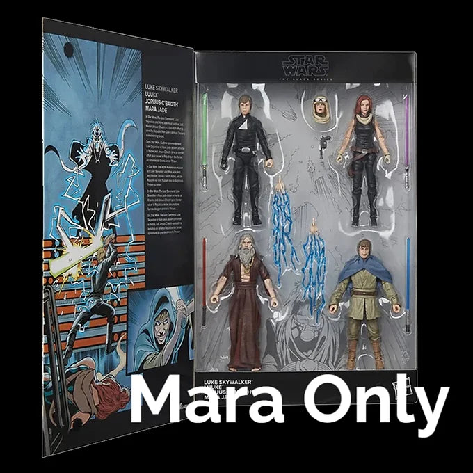 Star Wars Black Series Mara Jade 6-inch action figure with alternate head, lightsaber, and blaster accessories loose in packaging
