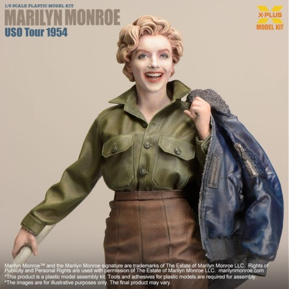 Marilyn Monroe USO Tour 1954 1/8 Scale Model Kit X-Plus showing detailed collectible figure in vintage military attire