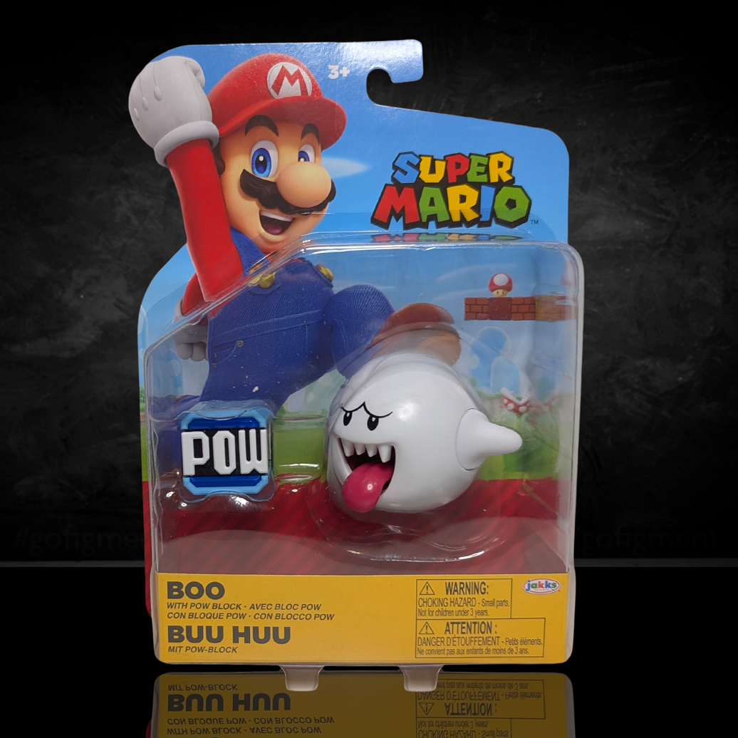 Super Mario 4-inch Boo with Pow Block Action Figure - Wave 48 (2025) by Jakks Pacific in packaging with Mario artwork.