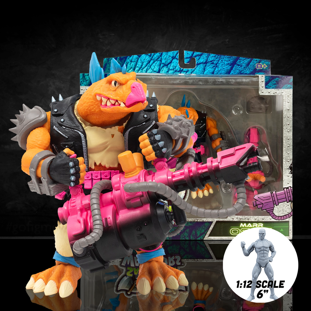 Articulated Marr Ossis dinosaur figure holding a massive pink and grey mega blaster. This 6-inch scale Spinosaurus warrior is posed dynamically, showcasing detailed reptilian scales and punk-rock inspired combat gear.