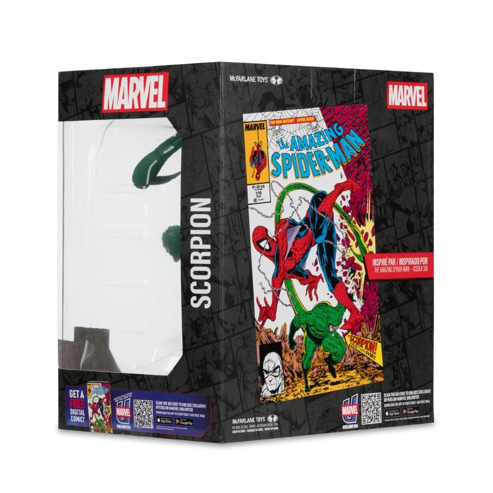 Scorpion - Brand New Day 1:10 Scale Posed Figure Scene McFarlane Toys #318 by Hasbro packaging with Spider-Man comic art.