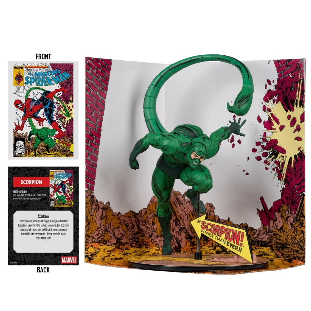 Scorpion - Brand New Day 1:10 Scale Posed Figure Scene McFarlane Toys #318 by Hasbro with comic backdrop and sign.