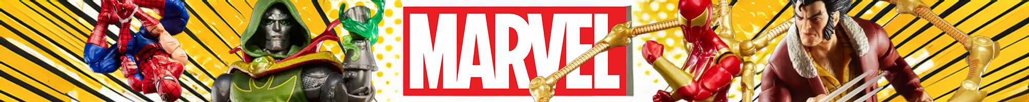 Horizontal banner with Marvel logo centered, featuring Spider-Man, Doctor Doom, Iron Man, and Shazam on a yellow striped background