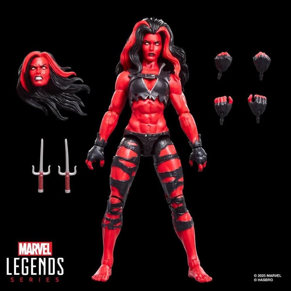 Hasbro Marvel Legends 6-inch Red She-Hulk figure with muscular red body, black torn outfit, extra heads, weapons, and hands on black background