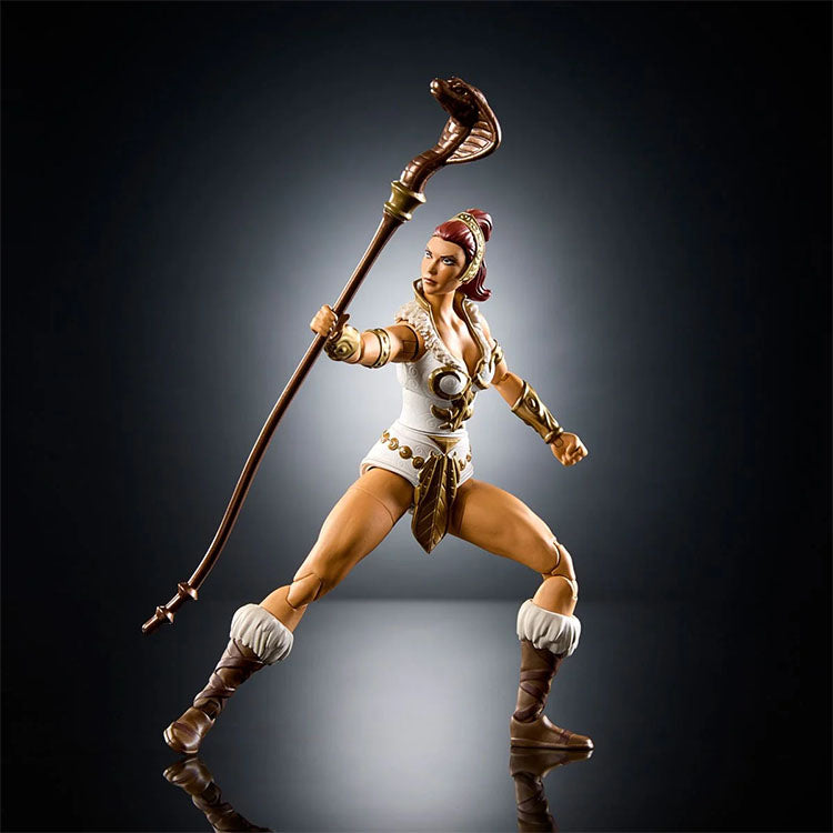 Mattel Masters of the Universe Masterverse Wave 18 Teela action figure posed with staff on dark background