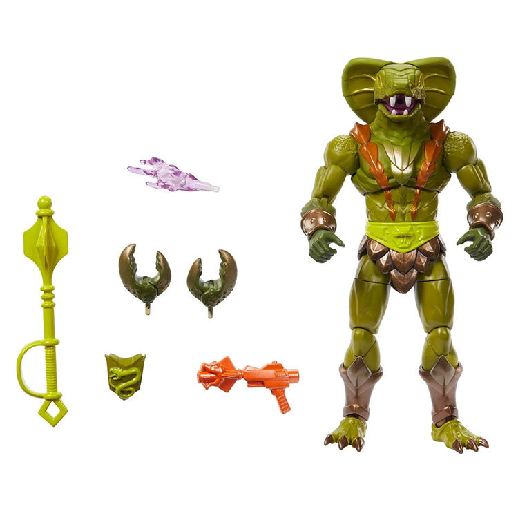 Mattel Masters of the Universe Kobra Khan action figure with accessories and interchangeable parts in green and brown tones