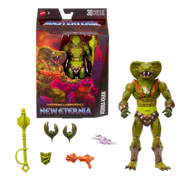 Mattel Masters of the Universe Kobra Khan action figure with accessories and detailed articulation in New Eternia packaging