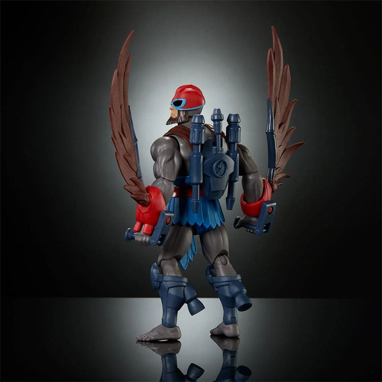 Mattel Masters of the Universe Origins 200X Stratos action figure with articulated wings and accessories on display.