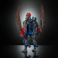 Mattel Masters of the Universe Origins 200X Stratos action figure with articulated wings and accessories on display.