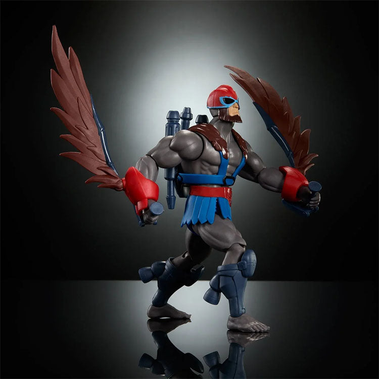 Mattel Masters of the Universe Origins Stratos action figure with movable wings and articulation in dynamic pose
