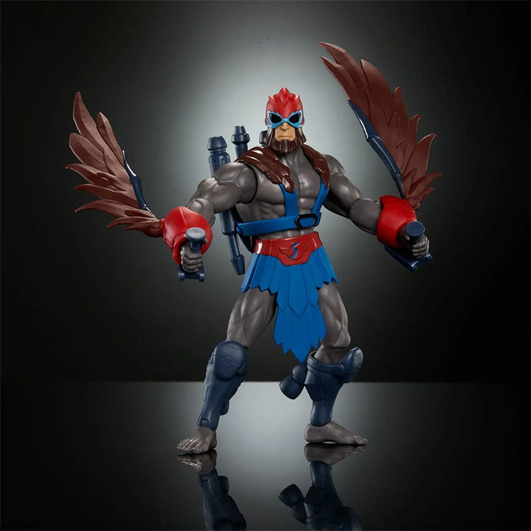 Mattel Masters of the Universe 200X Stratos action figure with articulated wings and detailed design in dynamic pose