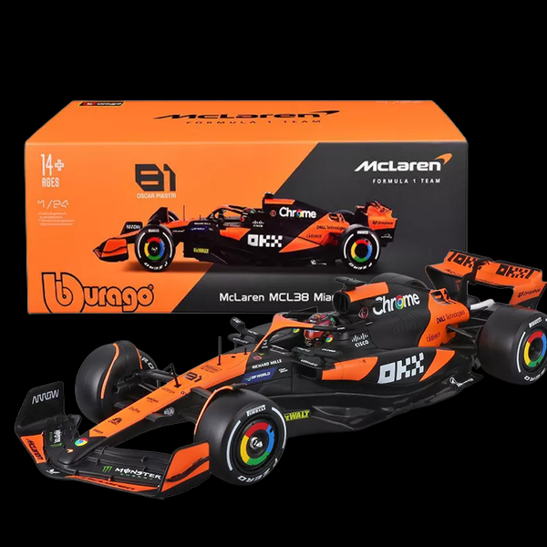 Bburago die-cast 1:43 scale McLaren MCL38 Formula 1 car driven by Oscar Piastri with detailed helmet and box display.