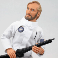 Mego 8-inch retro astronaut figure in white suit holding black rifle with NASA patch and American flag details