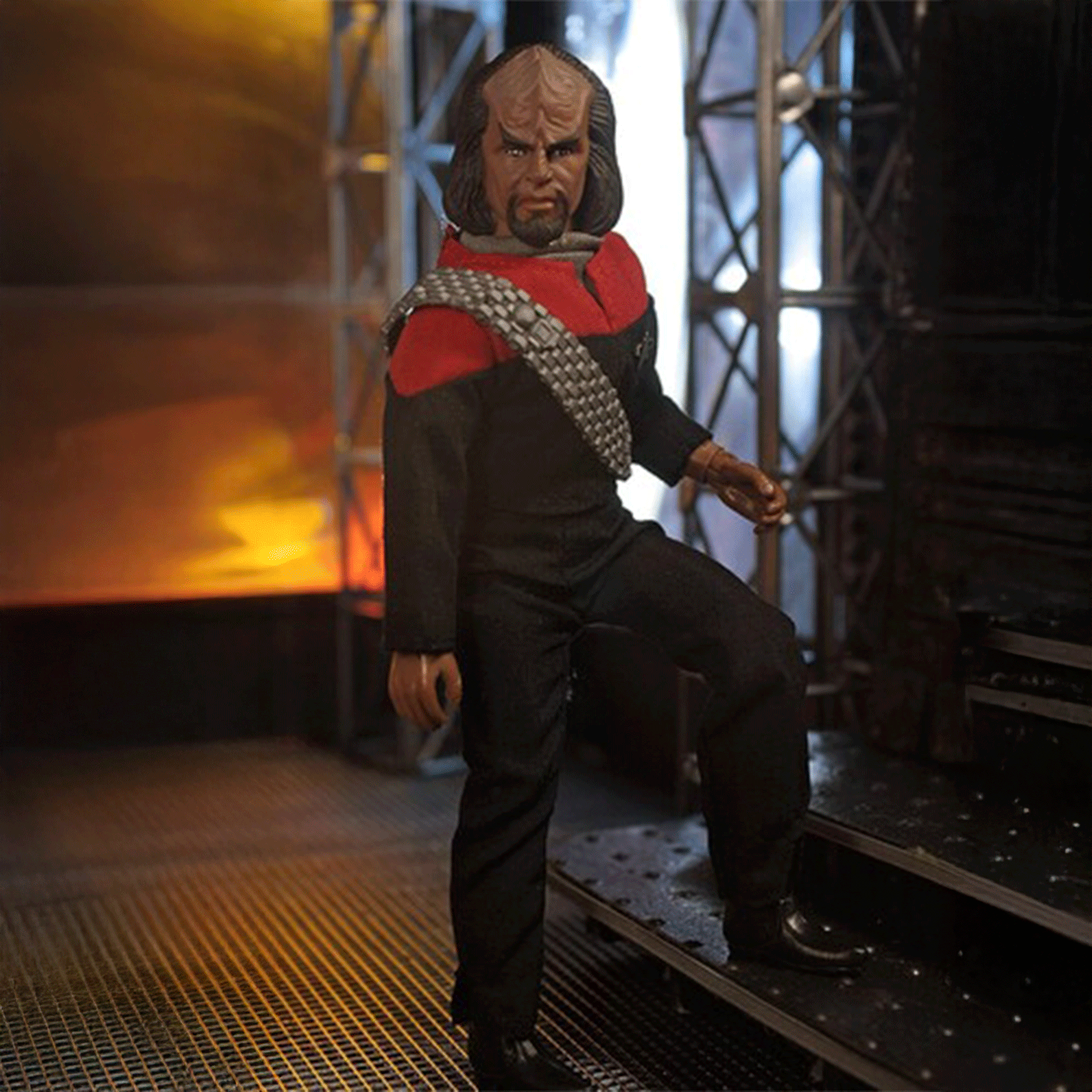 Lt. Worf Star Trek TNGRetro Style Articulated Mego Action Figure 8 inch posed on industrial sci-fi set by Mego