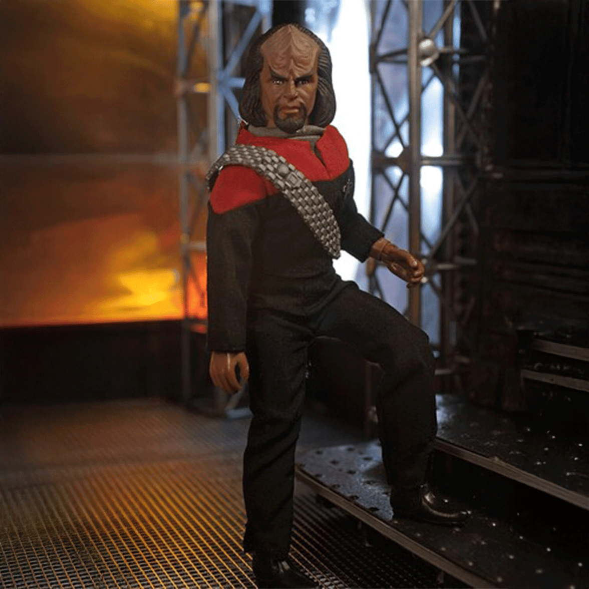 Lt. Worf Star Trek TNGRetro Style Articulated Mego Action Figure 8 inch posed on industrial sci-fi set by Mego
