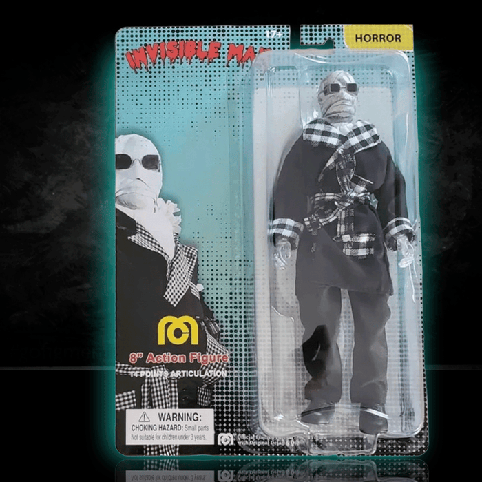 The Invisible Man Retro Style Articulated Mego Action Figure 8 inch with black coat and plaid scarf by Mego