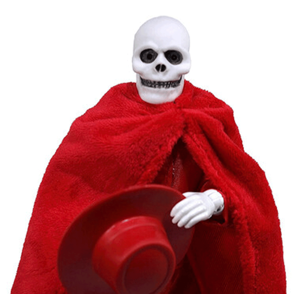 Mego 8-inch skeleton figure with hollow eyes draped in textured red cloak holding matching wide-brimmed hat